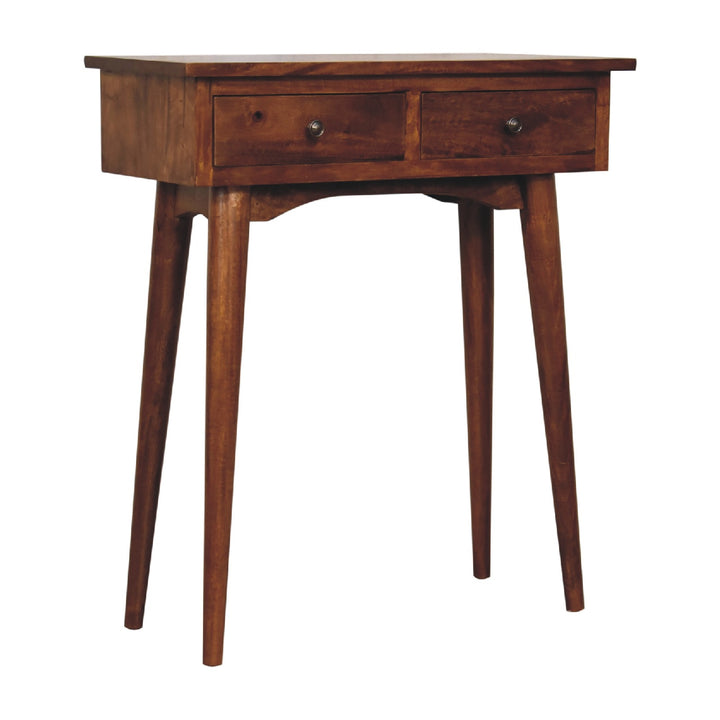 Chocolate Brown Lacquered Solid Mango Wood Mini Chestnut Hallway Console with 2 Drawers