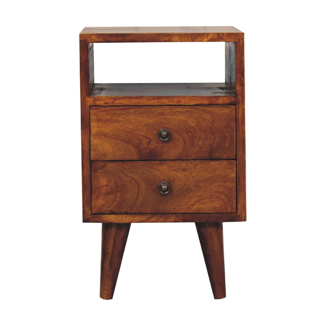 Brown Lacquered Chestnut Solid Mango Wood Mini Classic Bedside with Brass Knobs & Nordic Legs
