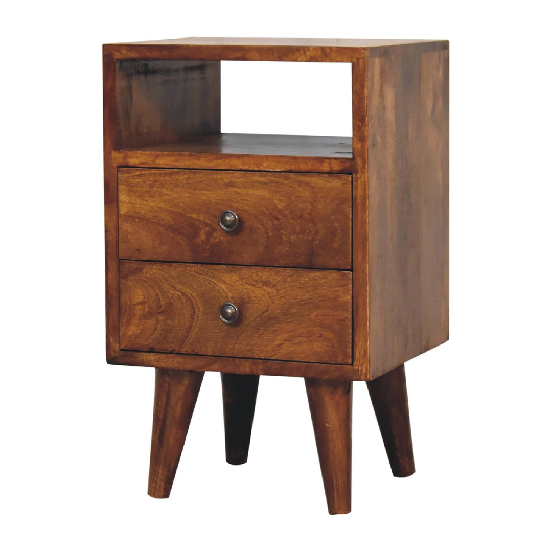 Brown Lacquered Chestnut Solid Mango Wood Mini Classic Bedside with Brass Knobs & Nordic Legs
