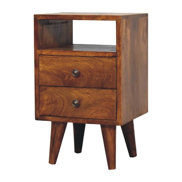 Brown Lacquered Chestnut Solid Mango Wood Mini Classic Bedside with Brass Knobs & Nordic Legs