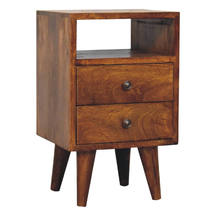 Brown Lacquered Chestnut Solid Mango Wood Mini Classic Bedside with Brass Knobs & Nordic Legs
