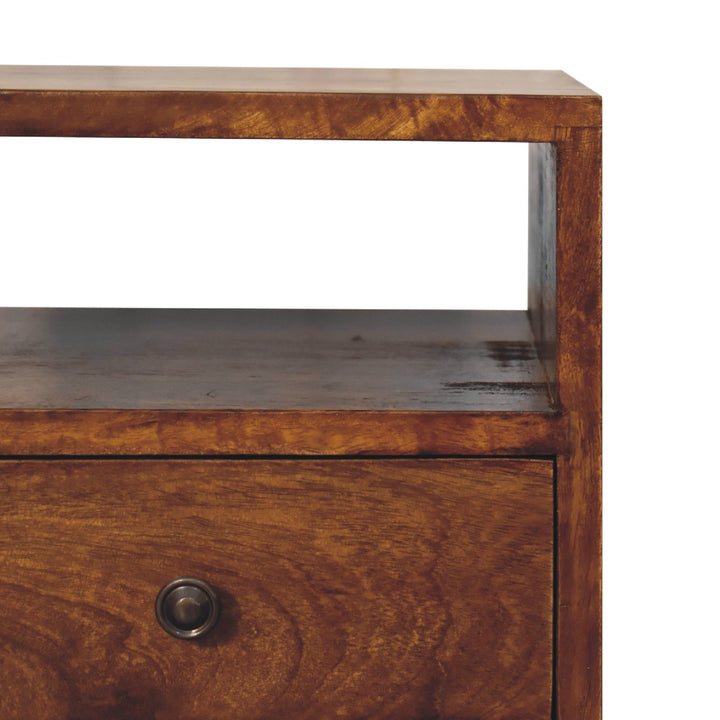 Brown Lacquered Chestnut Solid Mango Wood Mini Classic Bedside with Brass Knobs & Nordic Legs