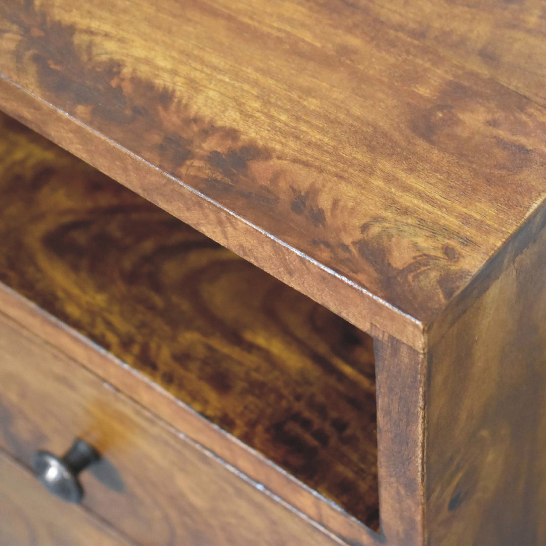 Brown Lacquered Chestnut Solid Mango Wood Mini Classic Bedside with Brass Knobs & Nordic Legs