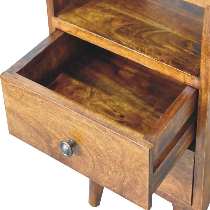 Brown Lacquered Chestnut Solid Mango Wood Mini Classic Bedside with Brass Knobs & Nordic Legs