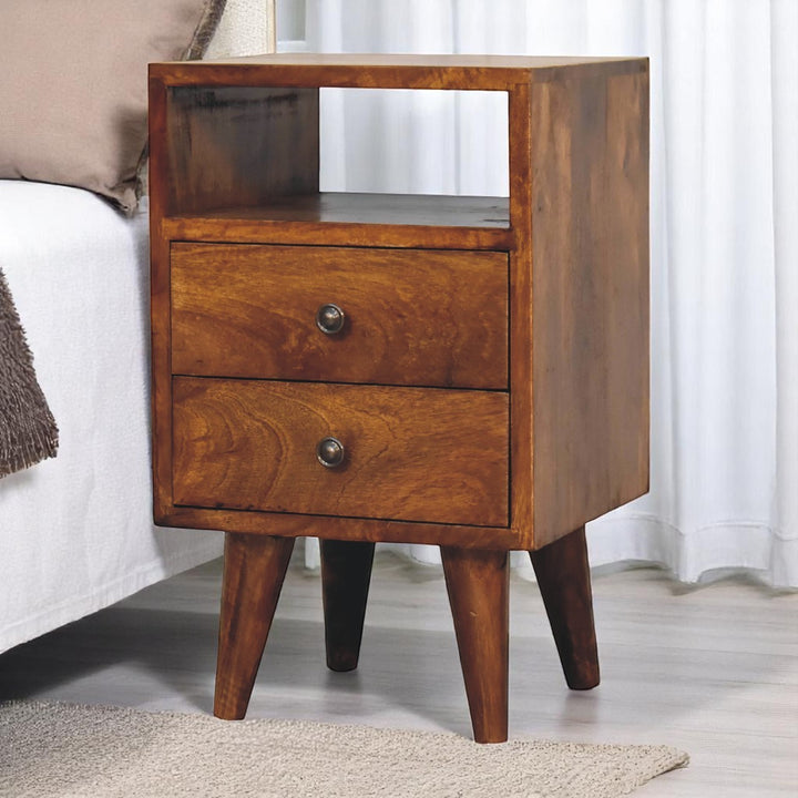 Brown Lacquered Chestnut Solid Mango Wood Mini Classic Bedside with Brass Knobs & Nordic Legs