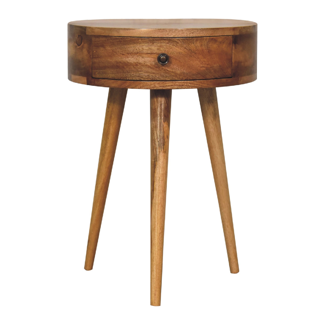Brown Oak Veneer Solid Mango Wood Mini Circular Bedside Table with 1 Drawer & Open Shelf