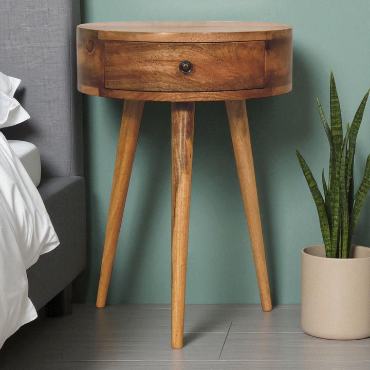 Brown Oak Veneer Solid Mango Wood Mini Circular Bedside Table with 1 Drawer & Open Shelf