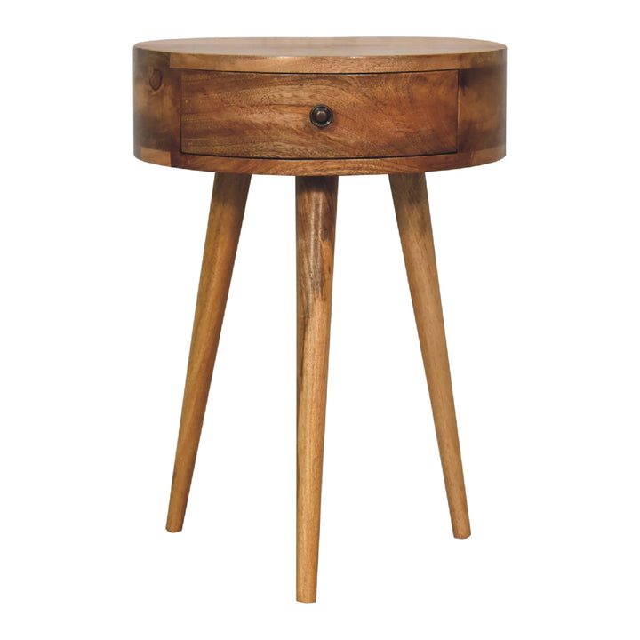 Brown Oak Veneer Solid Mango Wood Mini Circular Bedside Table with 1 Drawer & Open Shelf