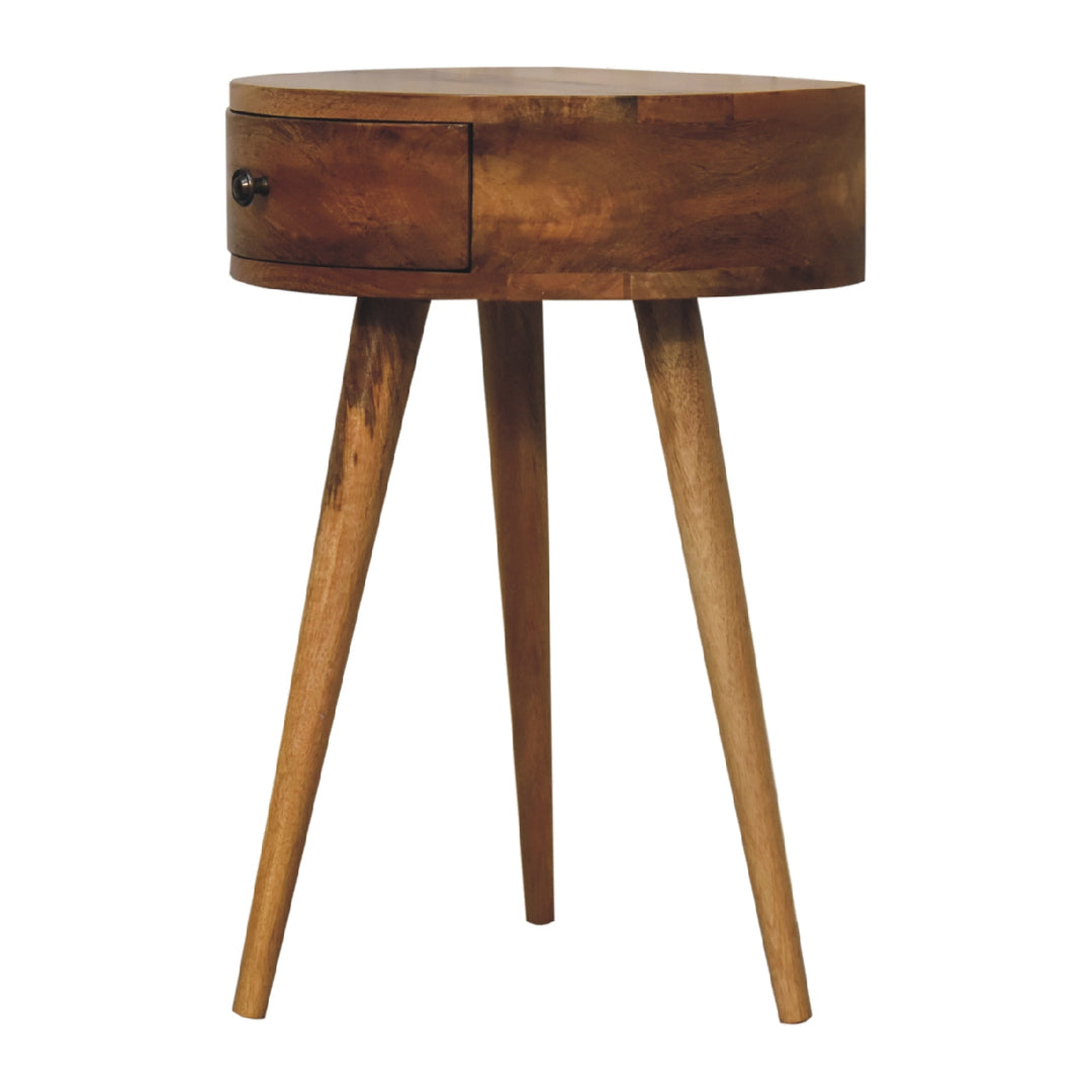 Brown Oak Veneer Solid Mango Wood Mini Circular Bedside Table with 1 Drawer & Open Shelf