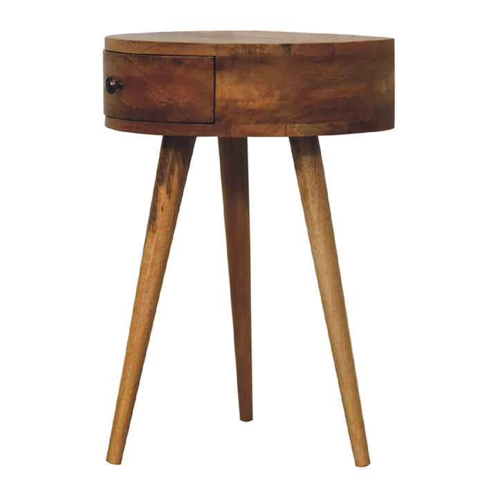 Brown Oak Veneer Solid Mango Wood Mini Circular Bedside Table with 1 Drawer & Open Shelf