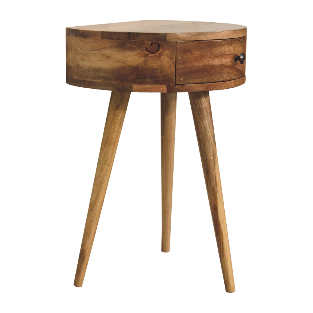 Brown Oak Veneer Solid Mango Wood Mini Circular Bedside Table with 1 Drawer & Open Shelf