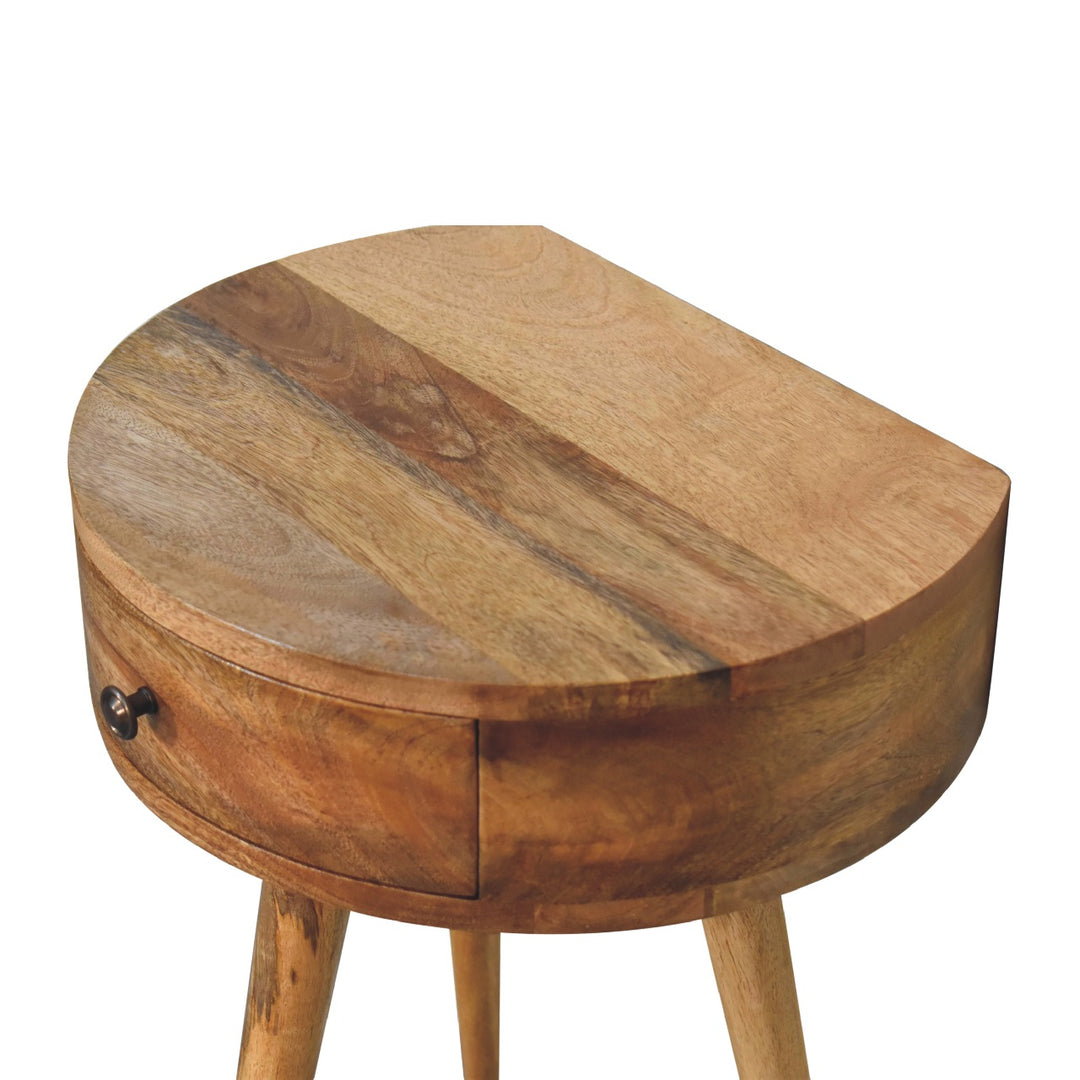 Brown Oak Veneer Solid Mango Wood Mini Circular Bedside Table with 1 Drawer & Open Shelf