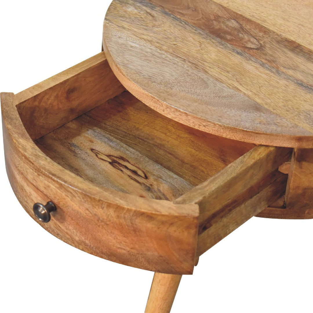 Brown Oak Veneer Solid Mango Wood Mini Circular Bedside Table with 1 Drawer & Open Shelf