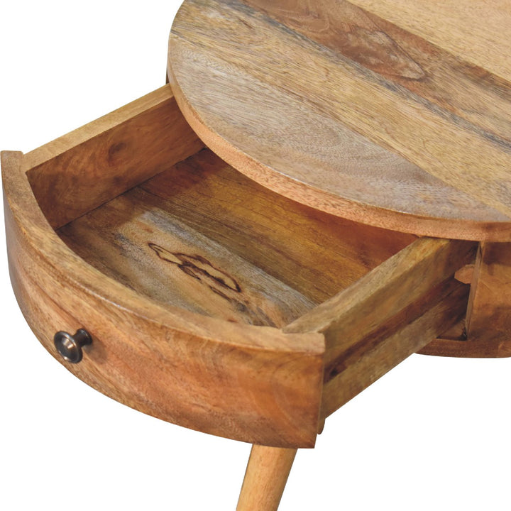 Brown Oak Veneer Solid Mango Wood Mini Circular Bedside Table with 1 Drawer & Open Shelf