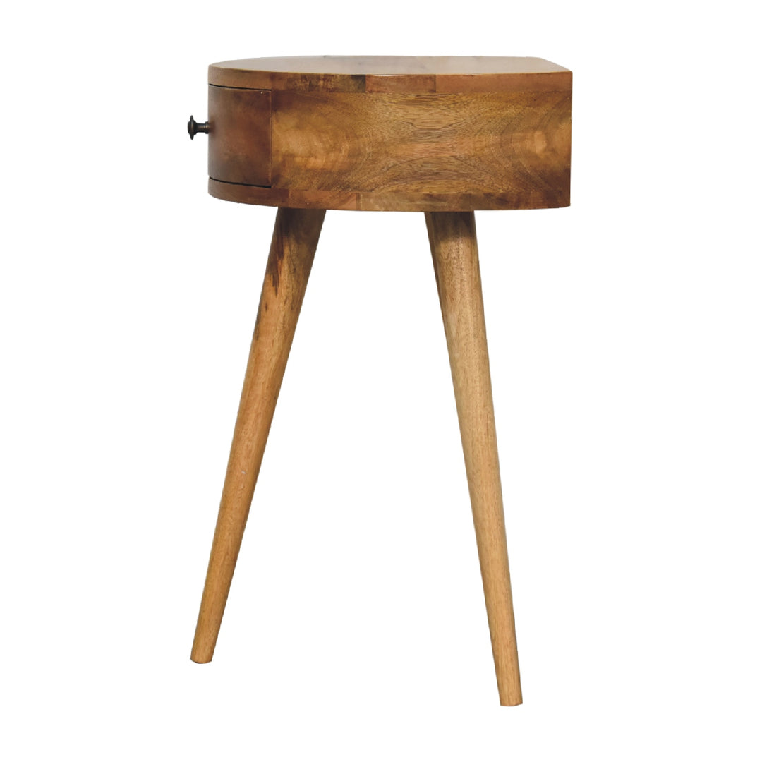 Brown Oak Veneer Solid Mango Wood Mini Circular Bedside Table with 1 Drawer & Open Shelf