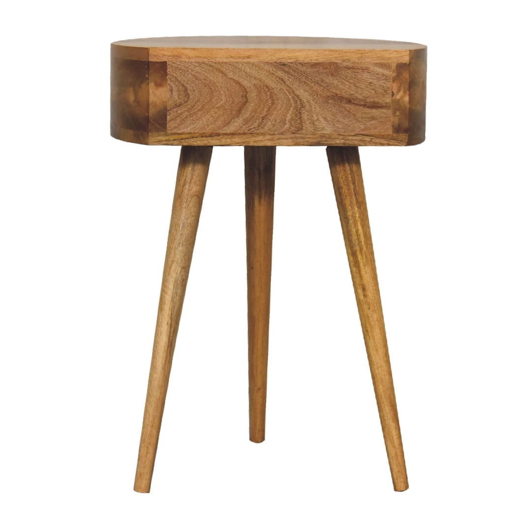 Brown Oak Veneer Solid Mango Wood Mini Circular Bedside Table with 1 Drawer & Open Shelf