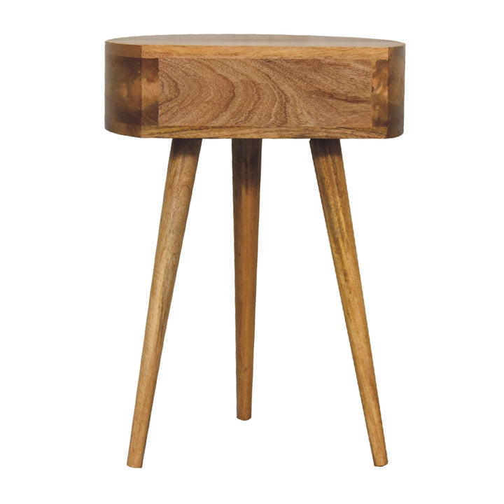 Brown Oak Veneer Solid Mango Wood Mini Circular Bedside Table with 1 Drawer & Open Shelf
