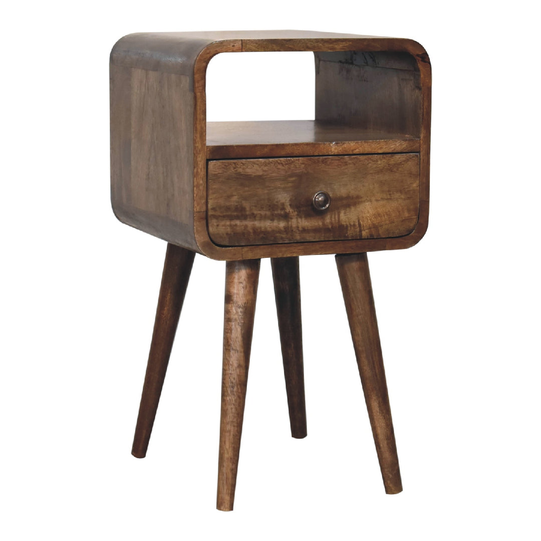 Light Grey Lacquered Solid Mango Wood Mini Curved Open Nightstand Wall-Mounted with Oak Finish