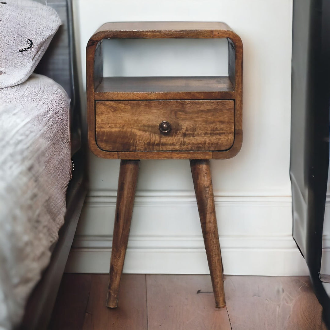 Light Grey Lacquered Solid Mango Wood Mini Curved Open Nightstand Wall-Mounted with Oak Finish