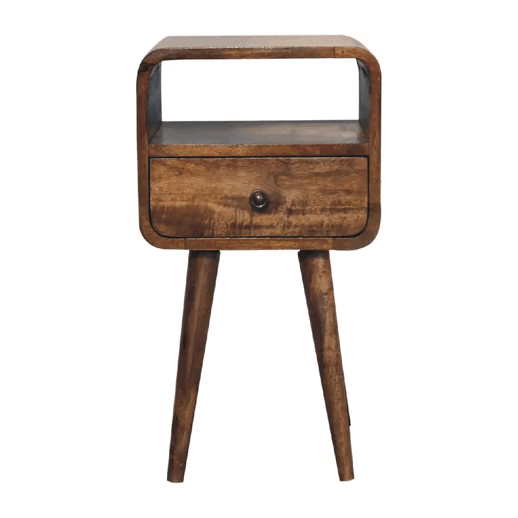 Light Grey Lacquered Solid Mango Wood Mini Curved Open Nightstand Wall-Mounted with Oak Finish