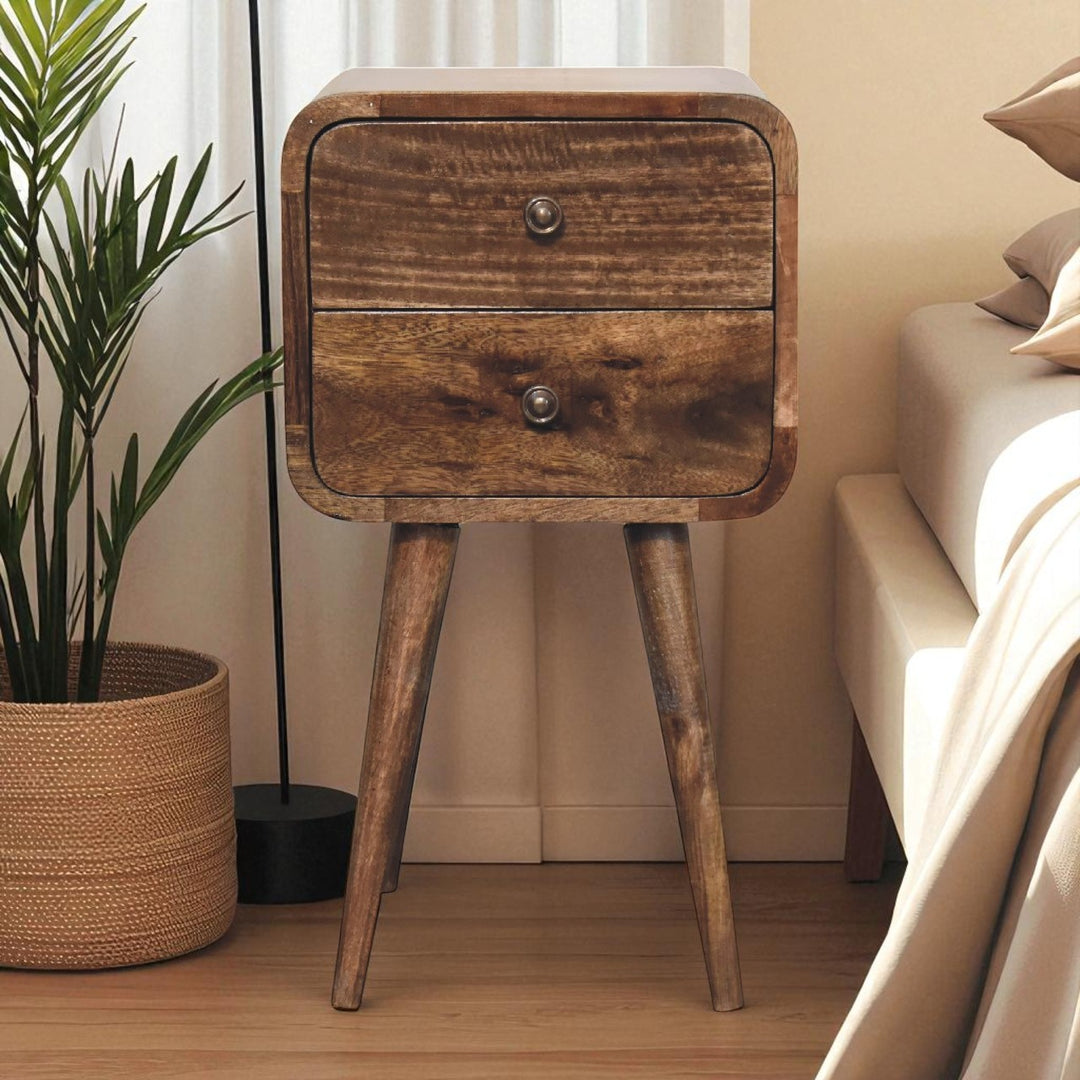 Light Grey Lacquered Solid Mango Wood Mini Curved Nightstand with 2 Drawers & Nordic Legs
