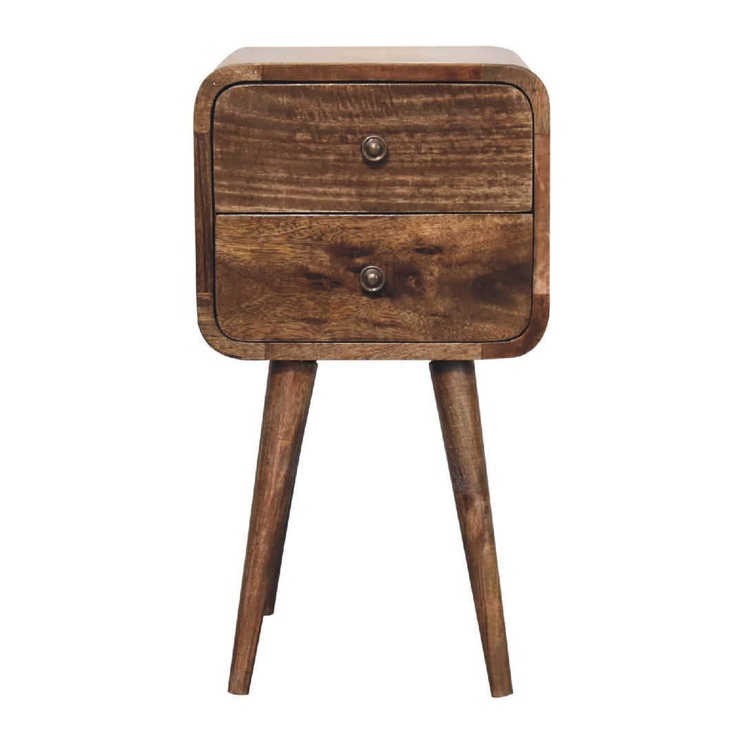 Light Grey Lacquered Solid Mango Wood Mini Curved Nightstand with 2 Drawers & Nordic Legs