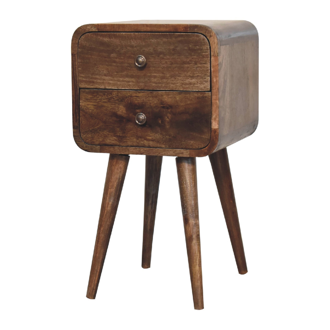 Light Grey Lacquered Solid Mango Wood Mini Curved Nightstand with 2 Drawers & Nordic Legs