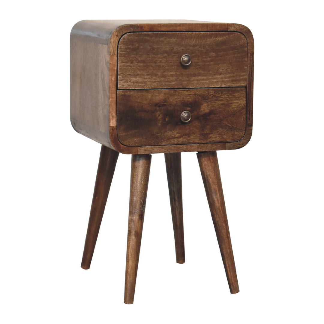 Light Grey Lacquered Solid Mango Wood Mini Curved Nightstand with 2 Drawers & Nordic Legs
