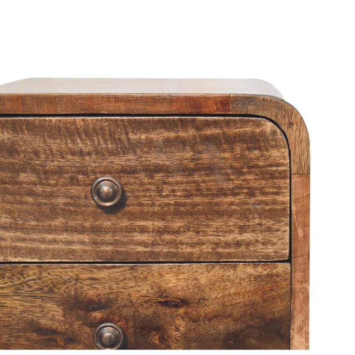 Light Grey Lacquered Solid Mango Wood Mini Curved Nightstand with 2 Drawers & Nordic Legs