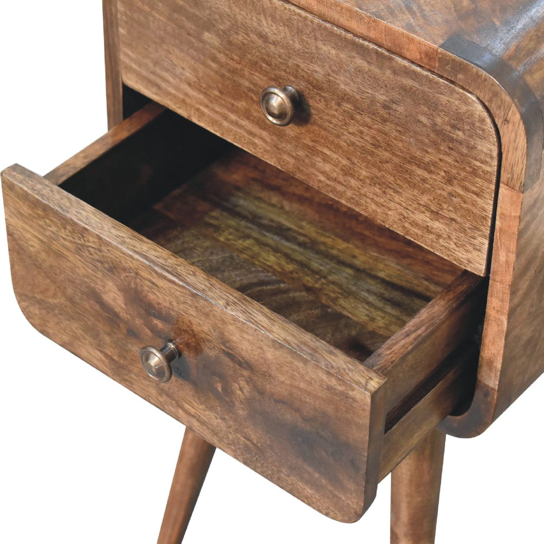 Light Grey Lacquered Solid Mango Wood Mini Curved Nightstand with 2 Drawers & Nordic Legs