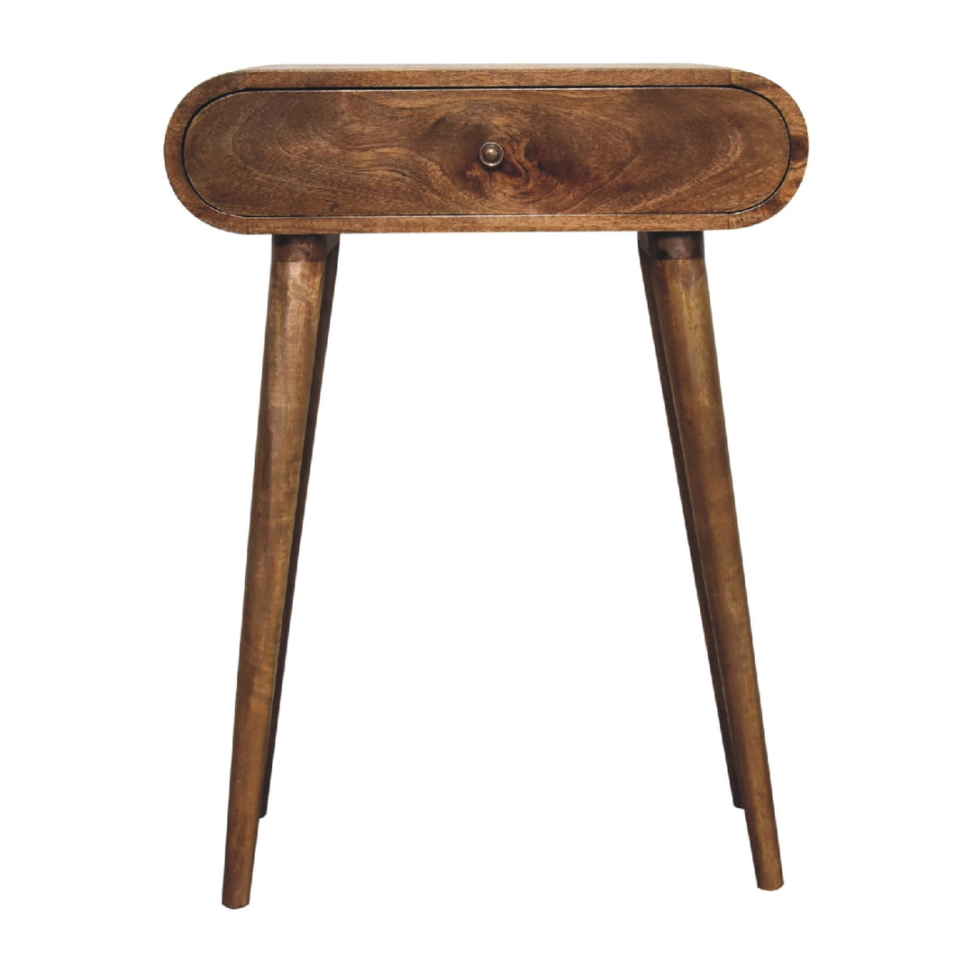 Brown Lacquered Oak-Finish Solid Mango Wood Mini Desk with Brass Handle Drawer & Nordic Legs