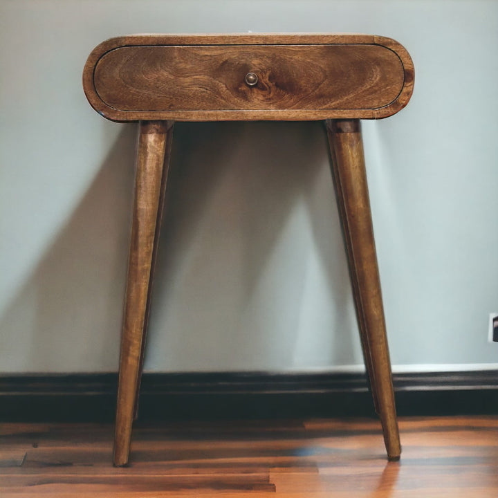 Brown Lacquered Oak-Finish Solid Mango Wood Mini Desk with Brass Handle Drawer & Nordic Legs