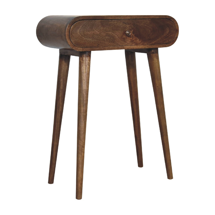 Brown Lacquered Oak-Finish Solid Mango Wood Mini Desk with Brass Handle Drawer & Nordic Legs