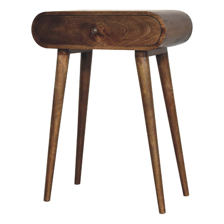 Brown Lacquered Oak-Finish Solid Mango Wood Mini Desk with Brass Handle Drawer & Nordic Legs