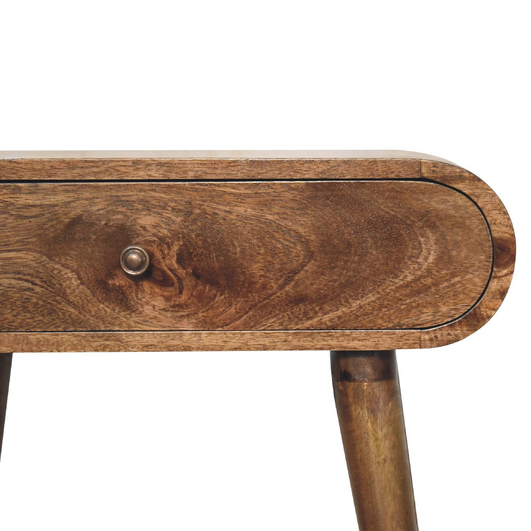 Brown Lacquered Oak-Finish Solid Mango Wood Mini Desk with Brass Handle Drawer & Nordic Legs