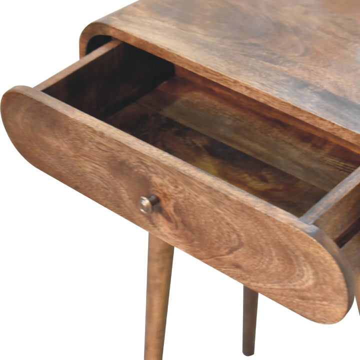 Brown Lacquered Oak-Finish Solid Mango Wood Mini Desk with Brass Handle Drawer & Nordic Legs