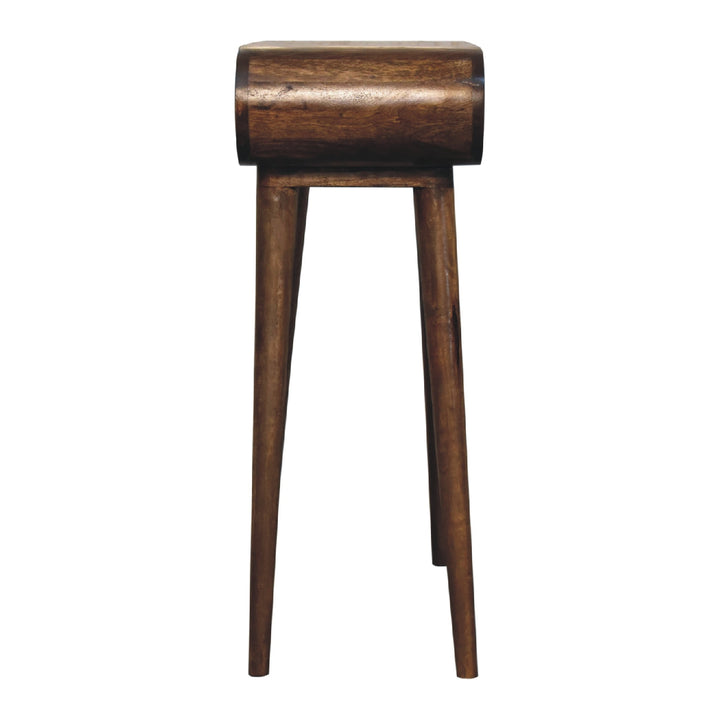 Brown Lacquered Oak-Finish Solid Mango Wood Mini Desk with Brass Handle Drawer & Nordic Legs