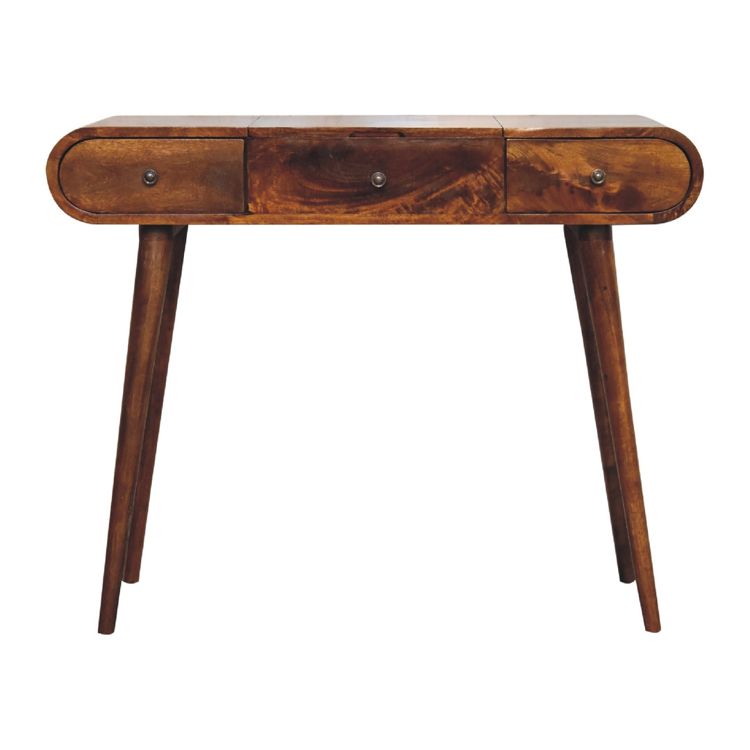 Brown Lacquered Solid Mango Wood Chestnut Dressing Table with 3 Drawers & Mirror