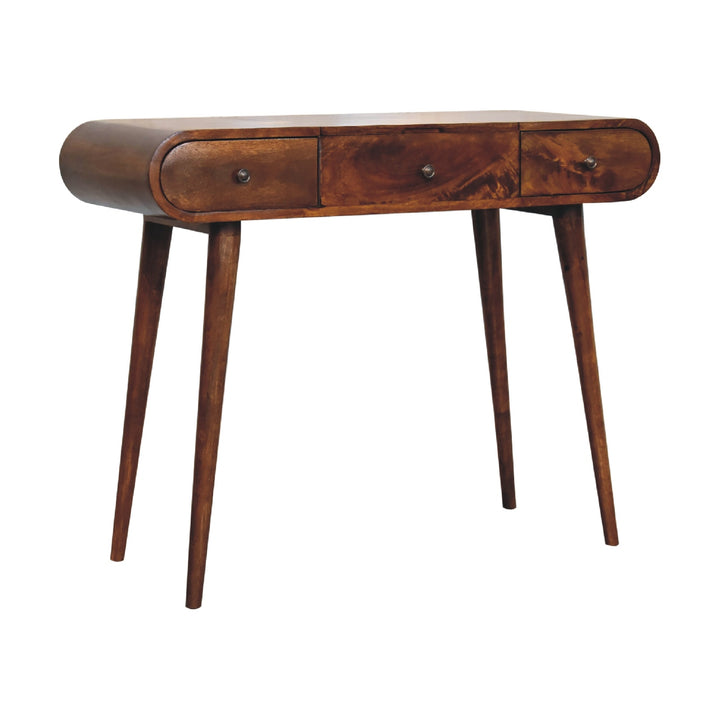 Brown Lacquered Solid Mango Wood Chestnut Dressing Table with 3 Drawers & Mirror