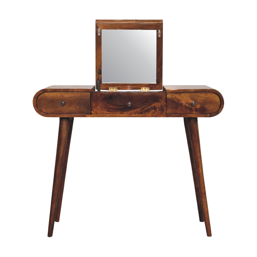 Brown Lacquered Solid Mango Wood Chestnut Dressing Table with 3 Drawers & Mirror