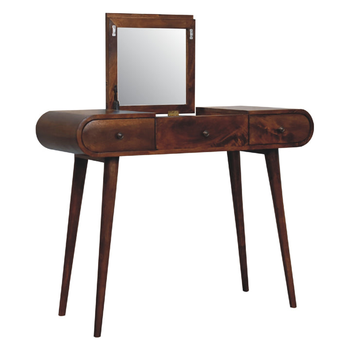 Brown Lacquered Solid Mango Wood Chestnut Dressing Table with 3 Drawers & Mirror