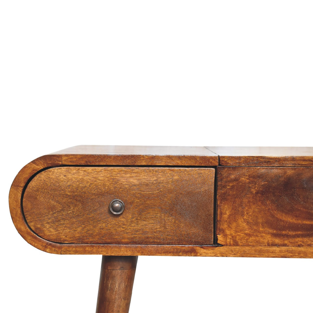 Brown Lacquered Solid Mango Wood Chestnut Dressing Table with 3 Drawers & Mirror