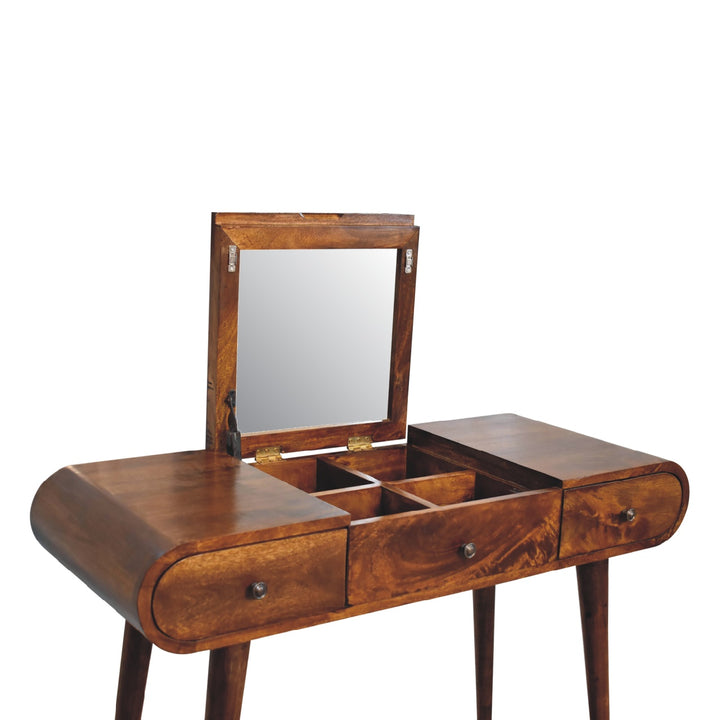 Brown Lacquered Solid Mango Wood Chestnut Dressing Table with 3 Drawers & Mirror