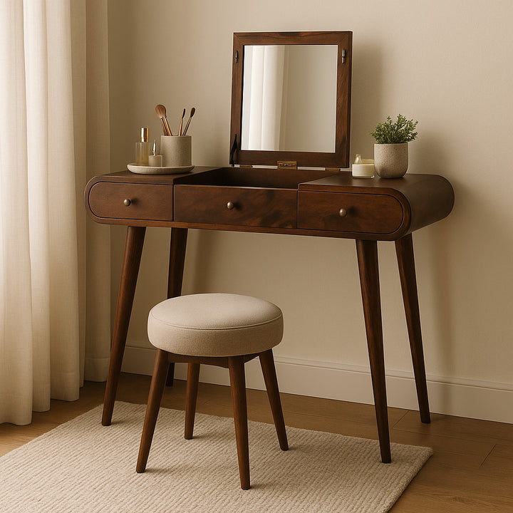 Brown Lacquered Solid Mango Wood Chestnut Dressing Table with 3 Drawers & Mirror