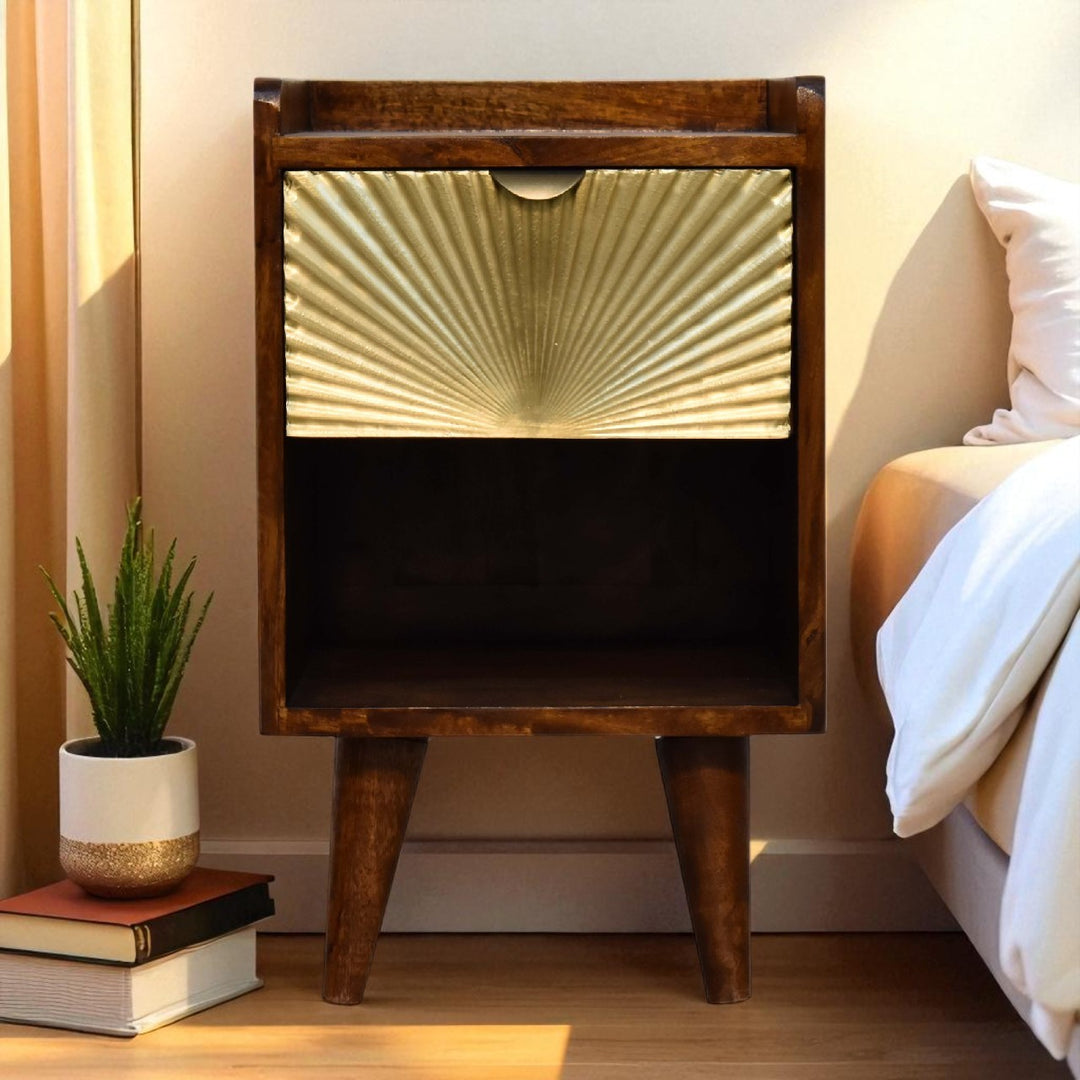 Chocolate Brown Lacquered Oak-Finish Solid Mango Wood Mini Manila Gold Bedside with Nordic Legs
