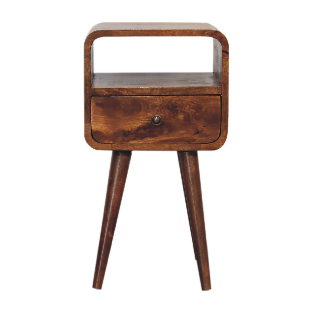 Brown Lacquered Solid Mango Wood Mini Open Bent Chestnut Bedside with Tapered Legs