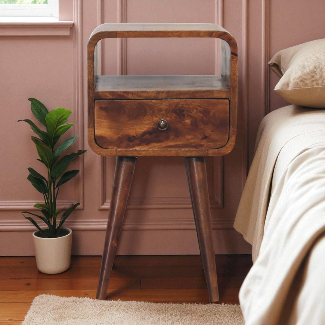 Brown Lacquered Solid Mango Wood Mini Open Bent Chestnut Bedside with Tapered Legs