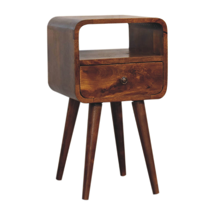 Brown Lacquered Solid Mango Wood Mini Open Bent Chestnut Bedside with Tapered Legs