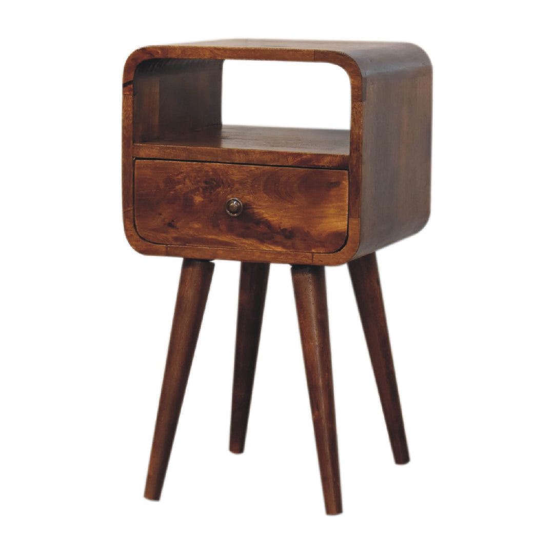 Brown Lacquered Solid Mango Wood Mini Open Bent Chestnut Bedside with Tapered Legs