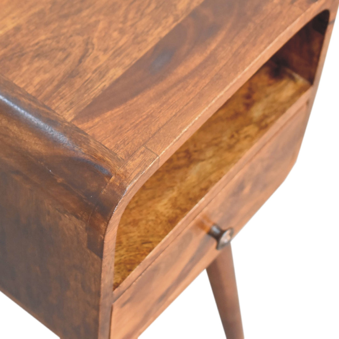 Brown Lacquered Solid Mango Wood Mini Open Bent Chestnut Bedside with Tapered Legs